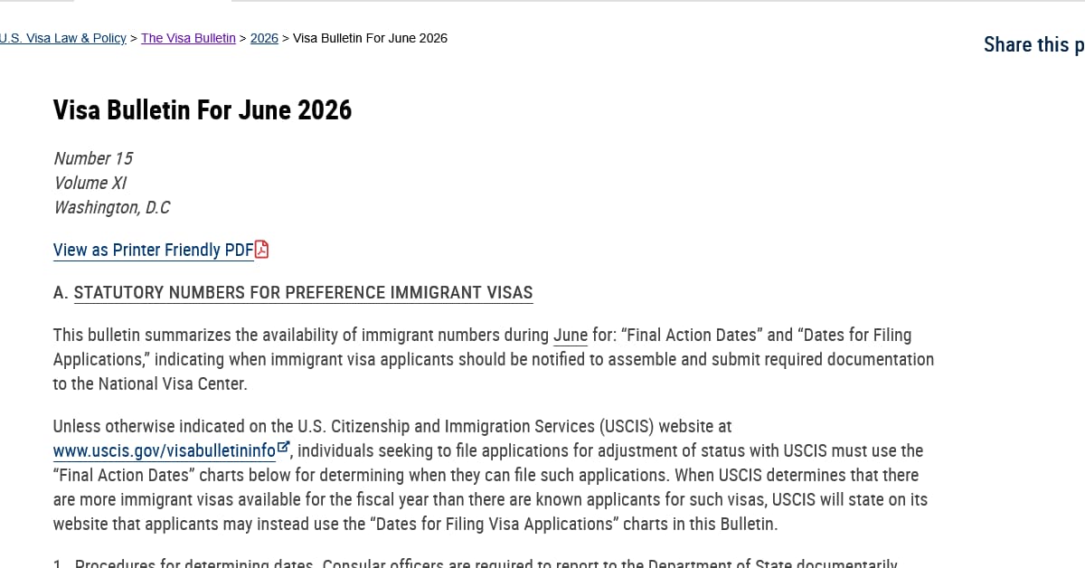 Lịch visa tháng 6/2026