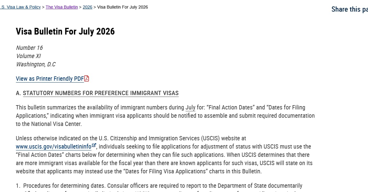 Lịch visa tháng 7/2026