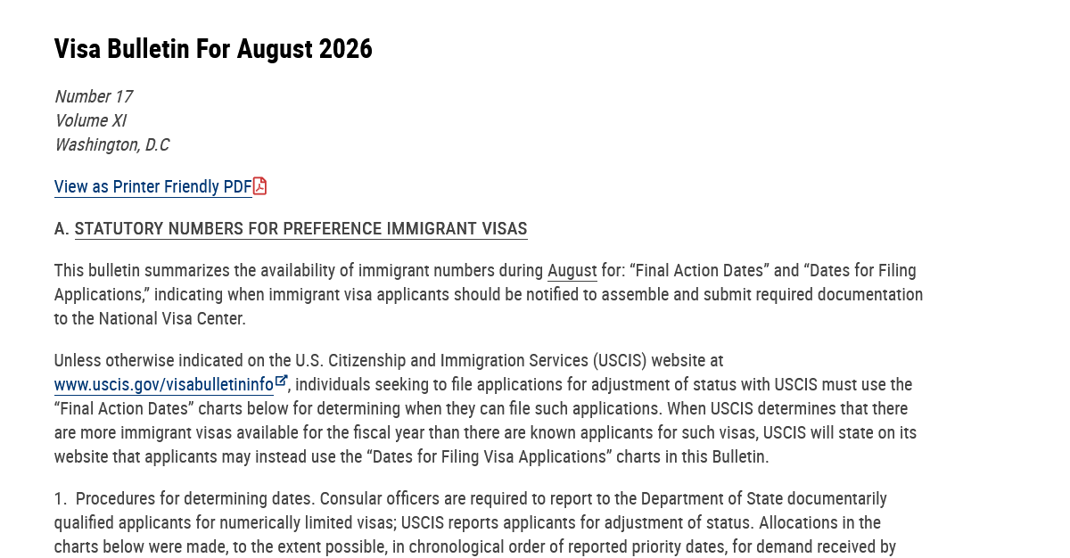 Lịch visa bulletin tháng 8/2026
